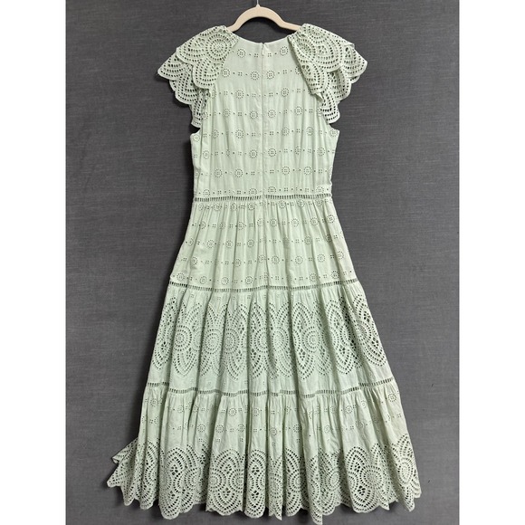 Antonio Melani Dress 10 Sage Green Tiered Eyelet Lace Flutter Midi Boho Preppy - Picture 2 of 11